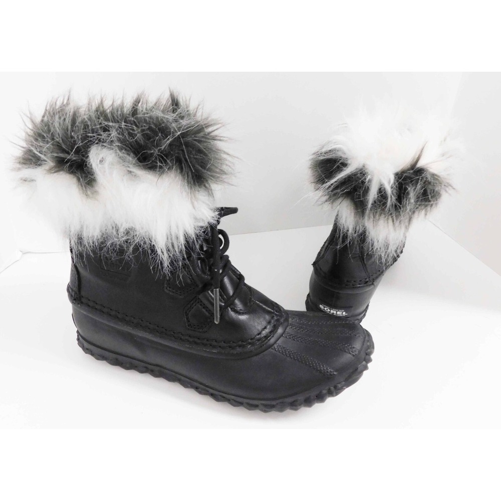 Sorel Women's Out N About Lux Black Leather Faux Fur‎ Boots NL2601-010 Size 7